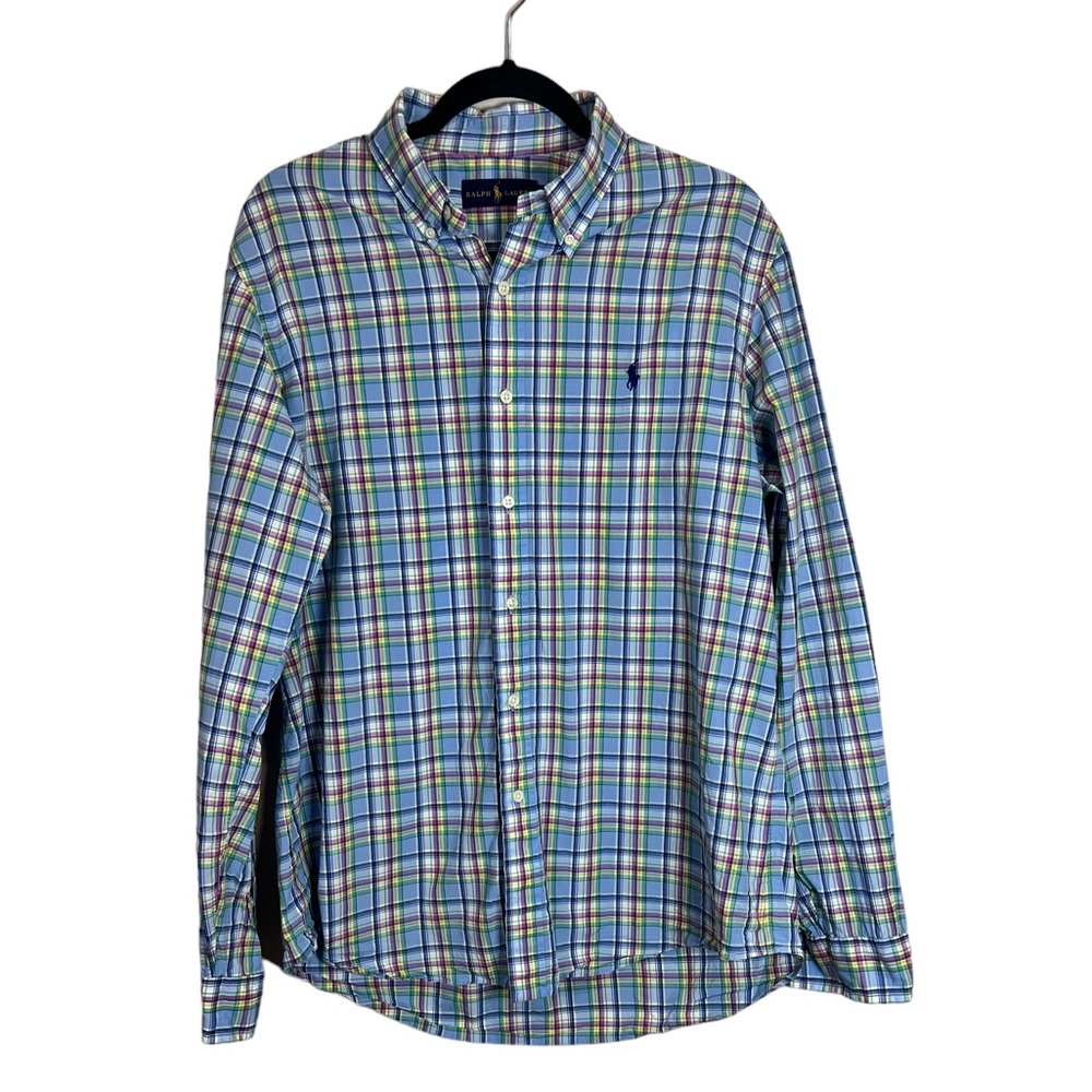 Ralph Lauren Mens Shirt Size Large Blue Pink Green Yellow Plaid Pastel Button up